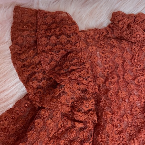 New Trendy Brick Color Sheer Crochet Mock Neck Long Sleeve Blouse - Picture 9 of 17